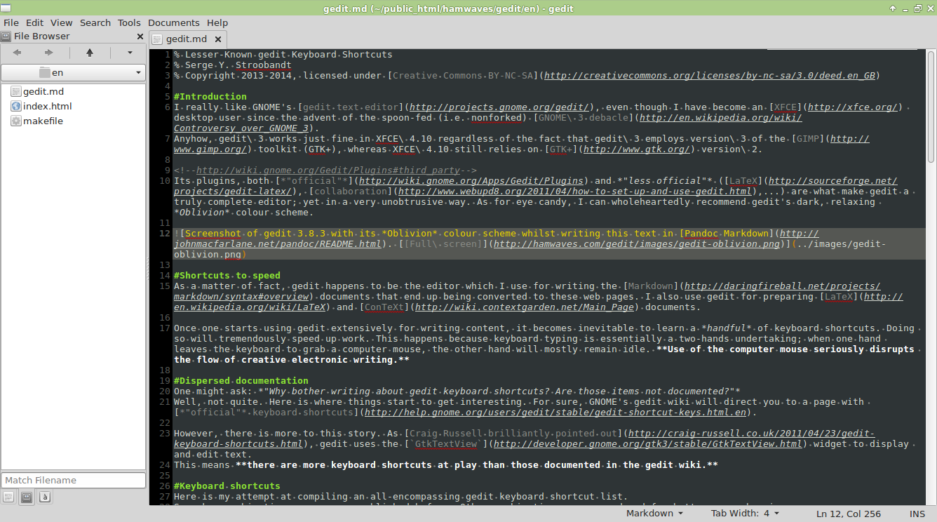 Screenshot of gedit 3.8.3 with its Oblivion colour scheme whilst writing this text in Pandoc Markdown. [Full screen]