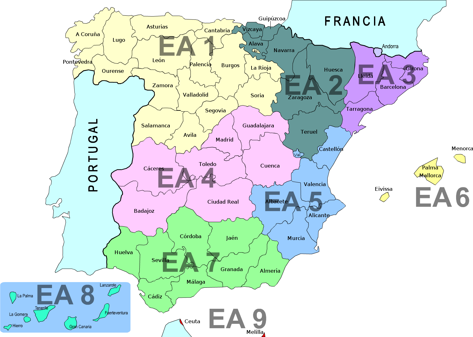 The nine Spanish amateur radio call districts [zoom]