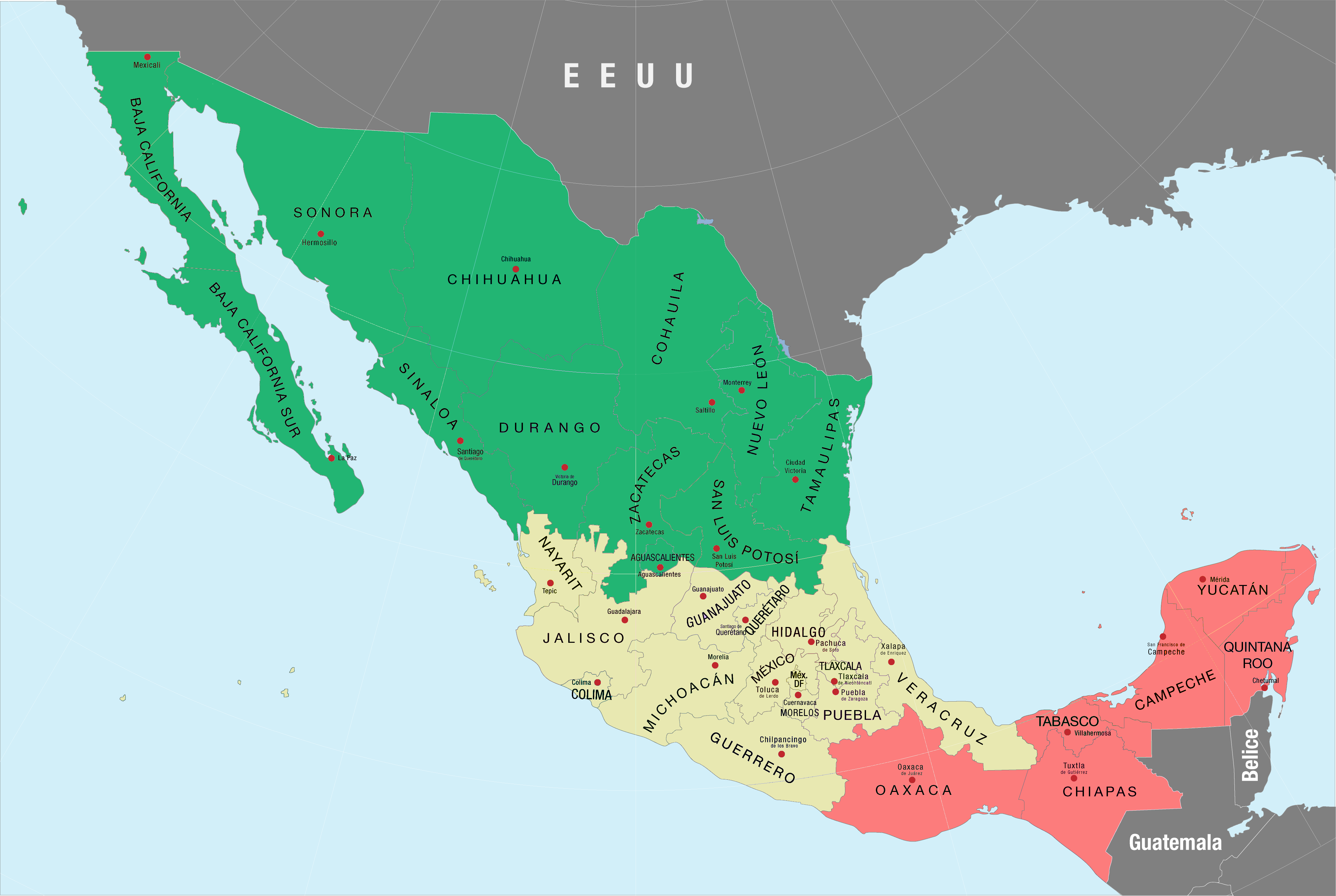 The 32 Mexican states; Central states (white) carry the XE1 prefix, northern states (green) XE2 and southern states (red) XE3. [zoom] Island prefixes form an exception to this rule (see below).